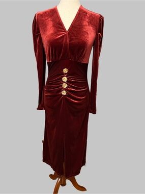 Women's Velvet V-Neck Midi Dress in Deep Wine with Gold Buttons